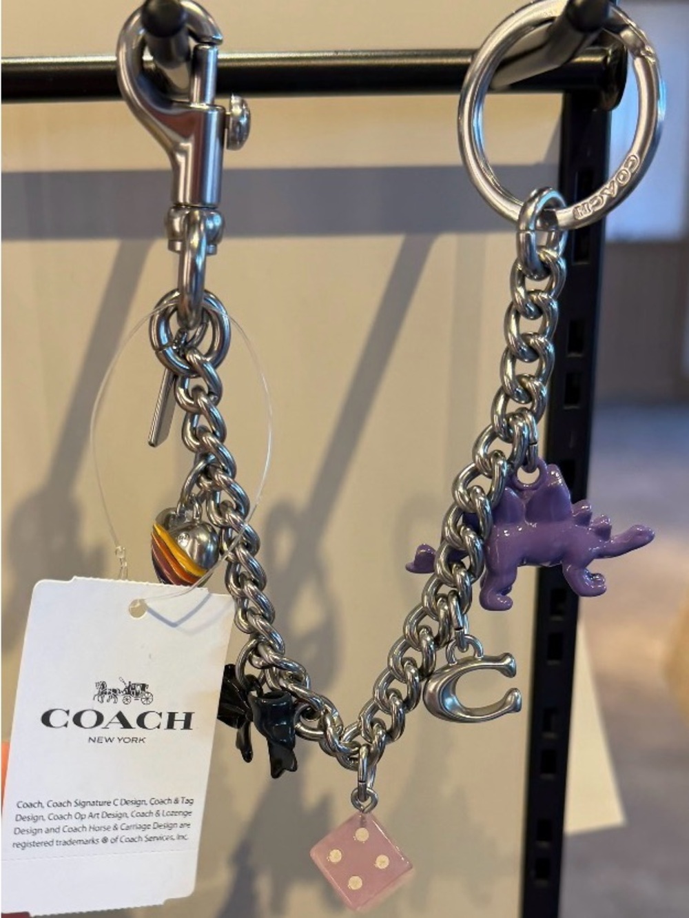 Coach Silver Chain Charm Key Ring with Purple Dinosaur and Pink Dice